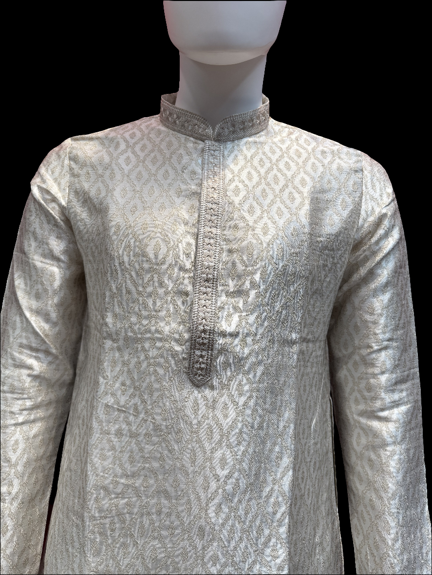 Attractive Silver Colored Banarasi Brocade With Self Designed Kurta Suits For Men