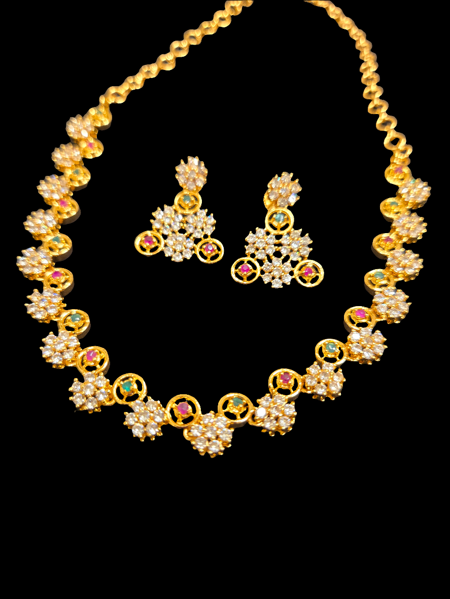Fabulous Multicolor Gold Plated Flower Design Necklace With Earrings Set