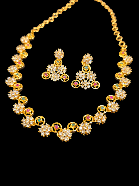 Fabulous Multicolor Gold Plated Flower Design Necklace With Earrings Set