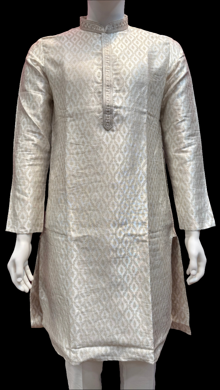 Attractive Silver Colored Banarasi Brocade With Self Designed Kurta Suits For Men