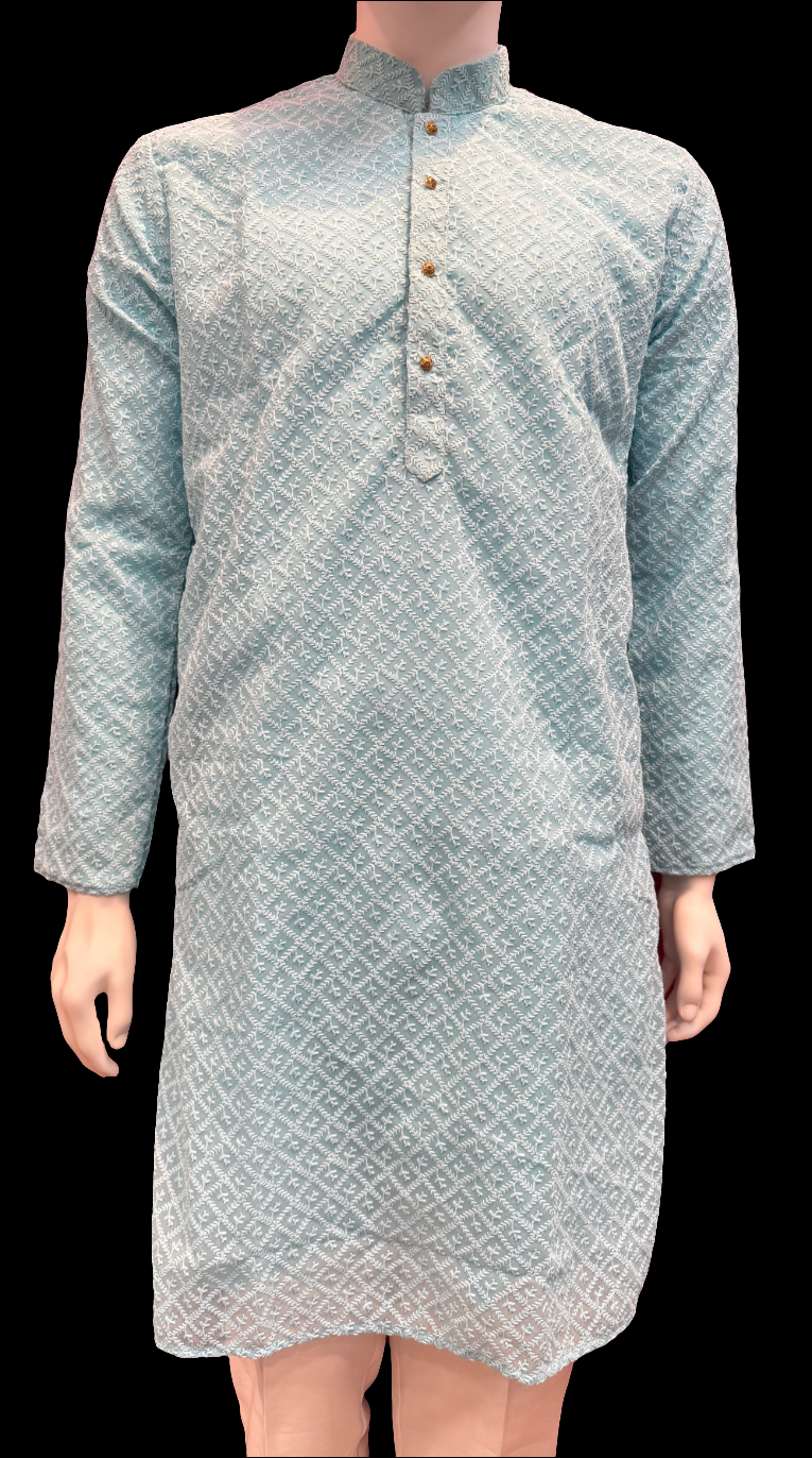 Appealing Sky Blue Color Jacquard Chikankari Kurta Set For Men