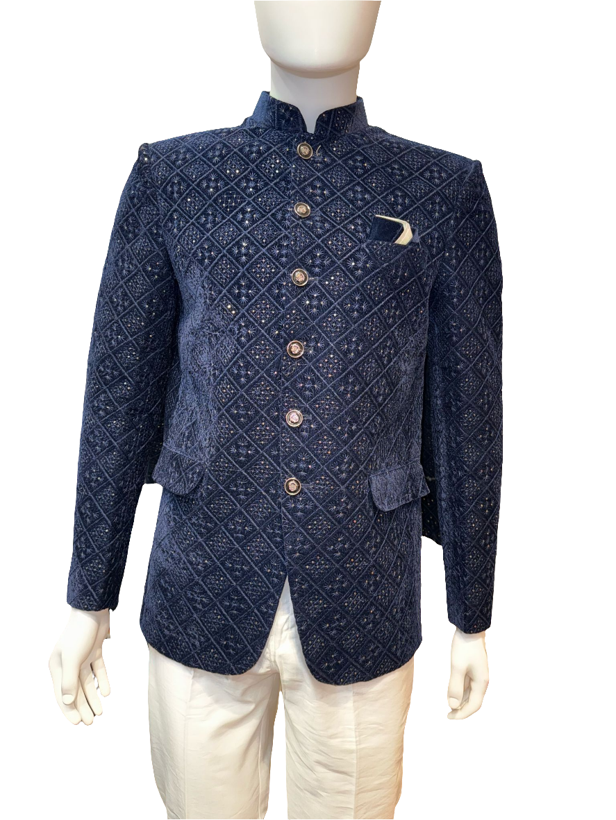 Stunning Blue Color Velvet With Beautiful Embroidery Pocket Design Sherwani With Poly cotton Pajama For Men