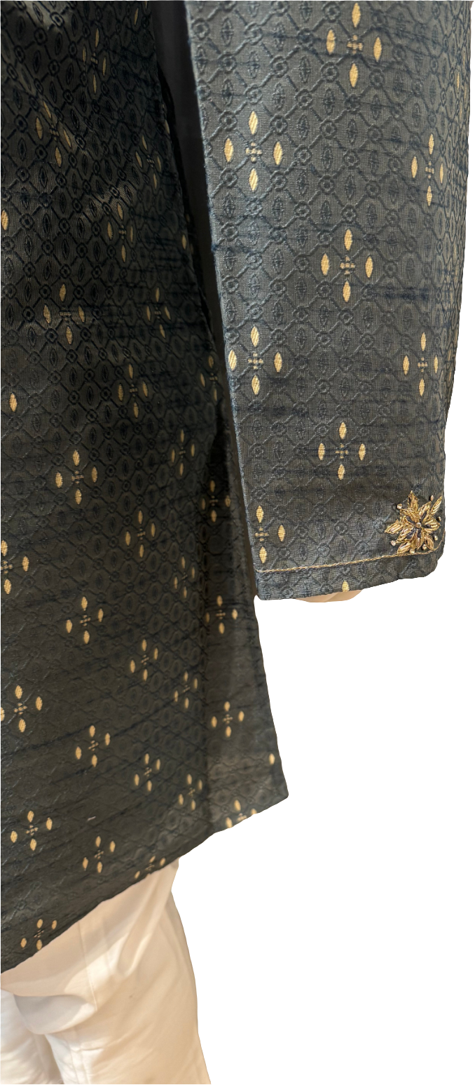 Pretty Gray Color Pure Zardozi handwork Kurta With Pajama For Men