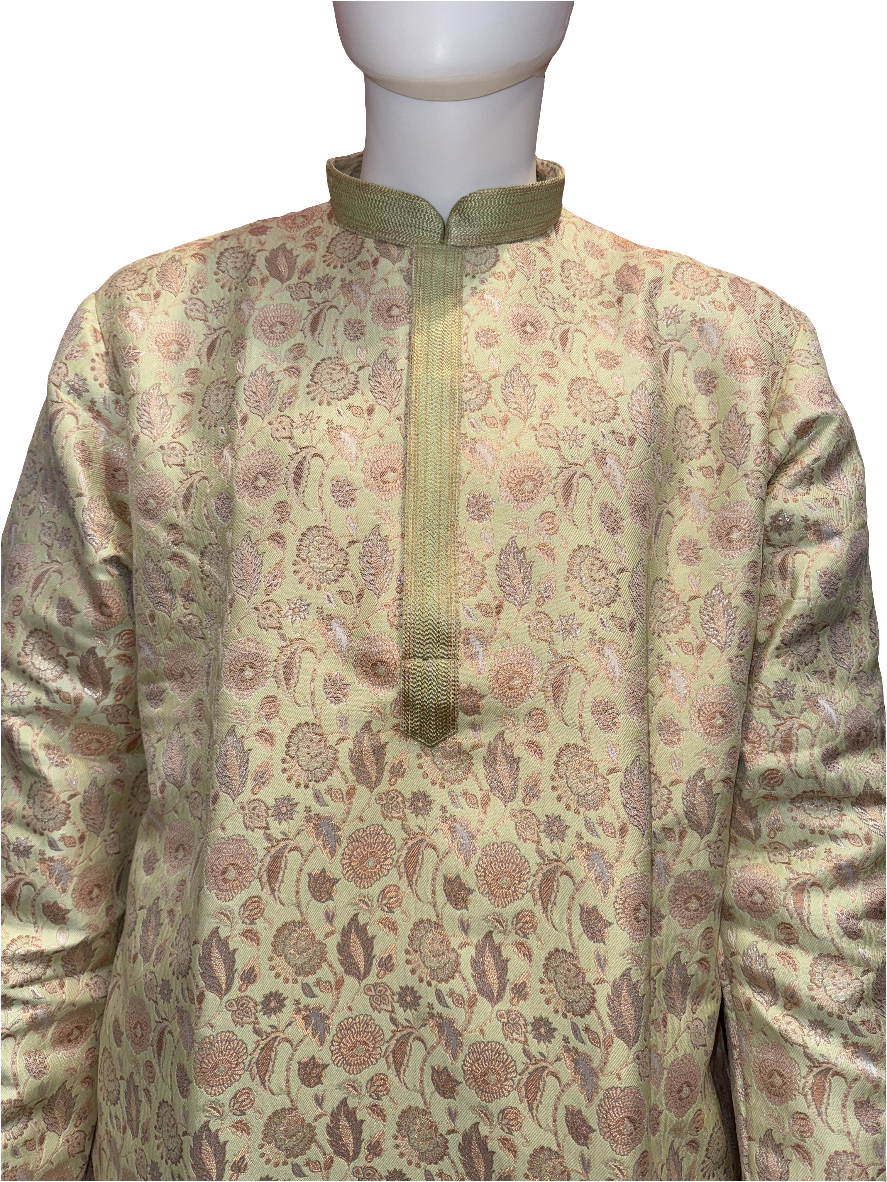 Attractive Pista Green Floral Design Brocade Kurta Pajama Set For Men