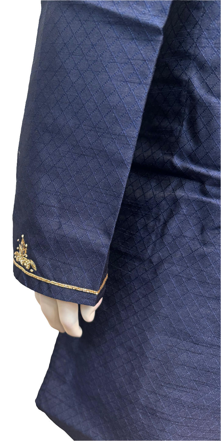 Stunning Blue Color Brocade Kurta With Handcrafted Zardozi Embroidery Work And Pajama Pant For Men