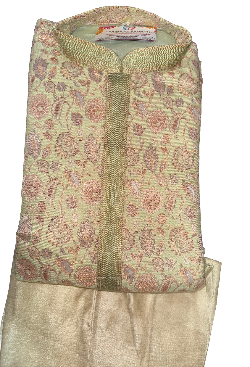 Attractive Pista Green Floral Design Brocade Kurta Pajama Set For Men