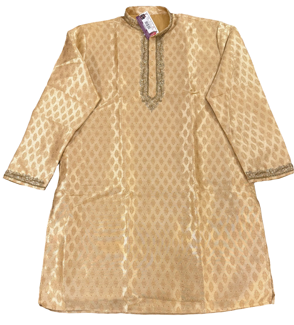 Dazzling Banarasi Brocade Gold Colored Self Design Embroidery Work Kurta Pajama For Men