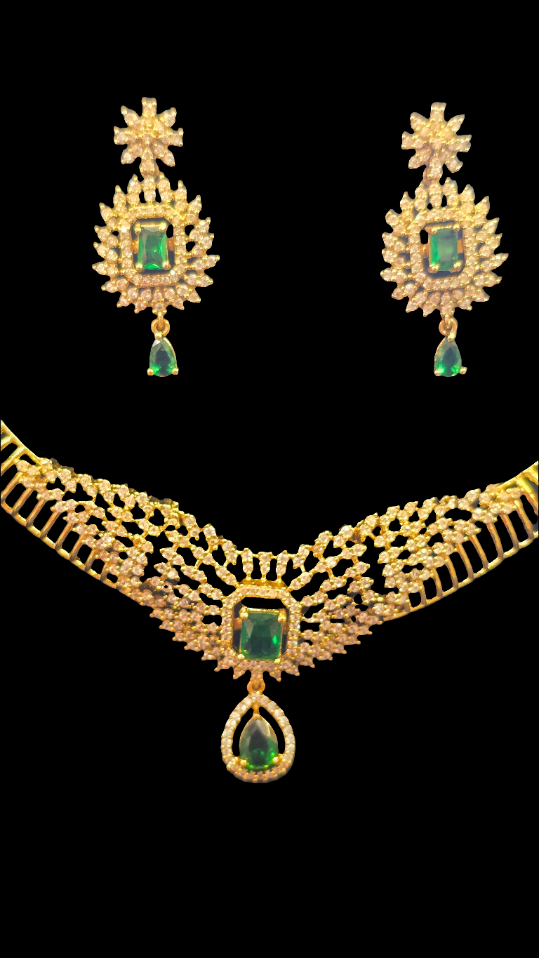 Green Color Emerald Stones Gold Plated Necklace With Earrings Set In USA