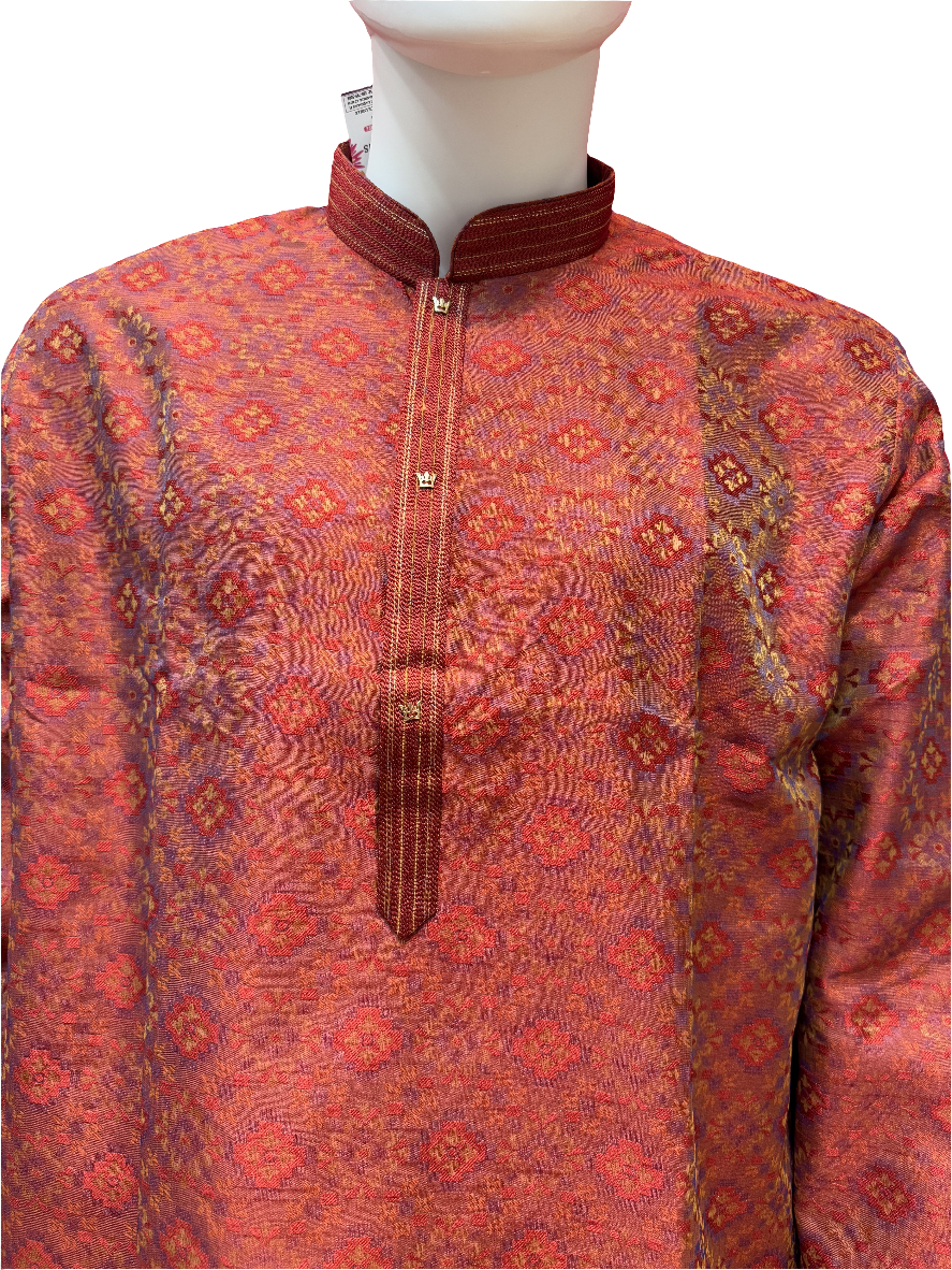 Beautiful Red Colored Jacquard Men's Kurta With Floral Printed Work