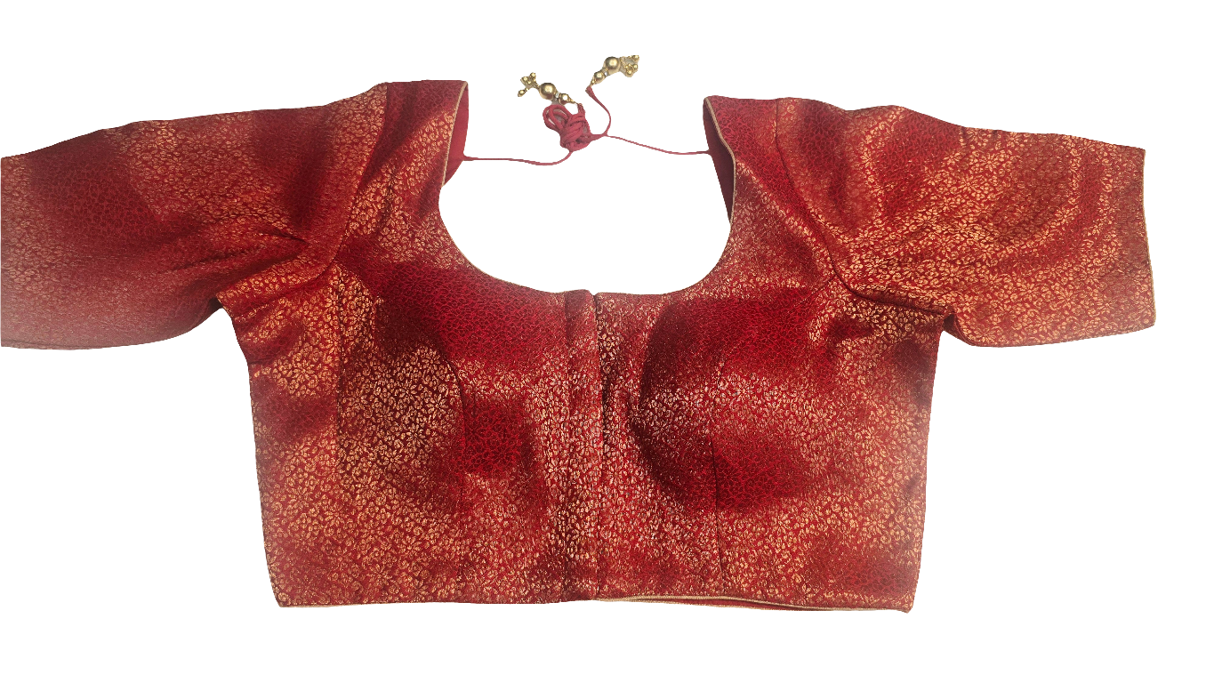 Alluring Front Open Red Color Brocade Elbow Sleeve Readymade Blouse For Women