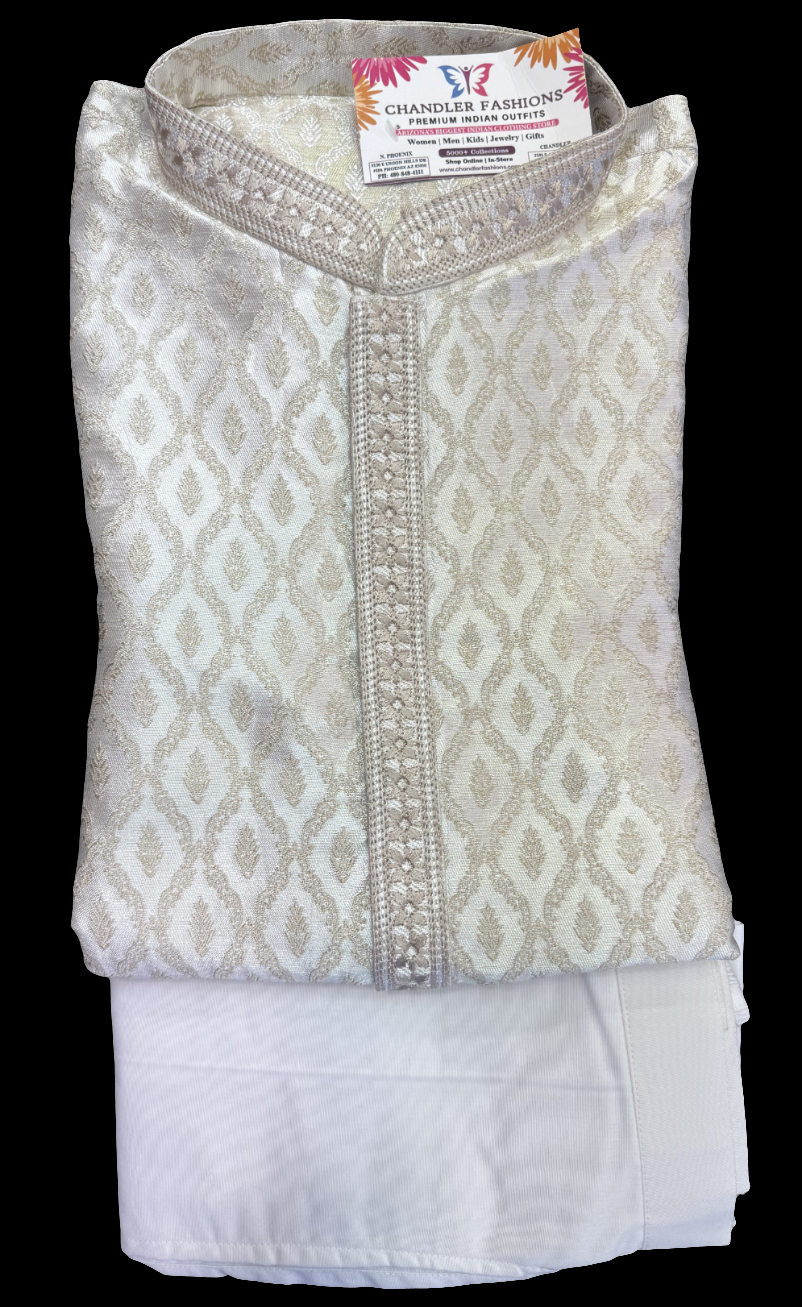 Attractive Silver Colored Banarasi Brocade With Self Designed Kurta Suits For Men