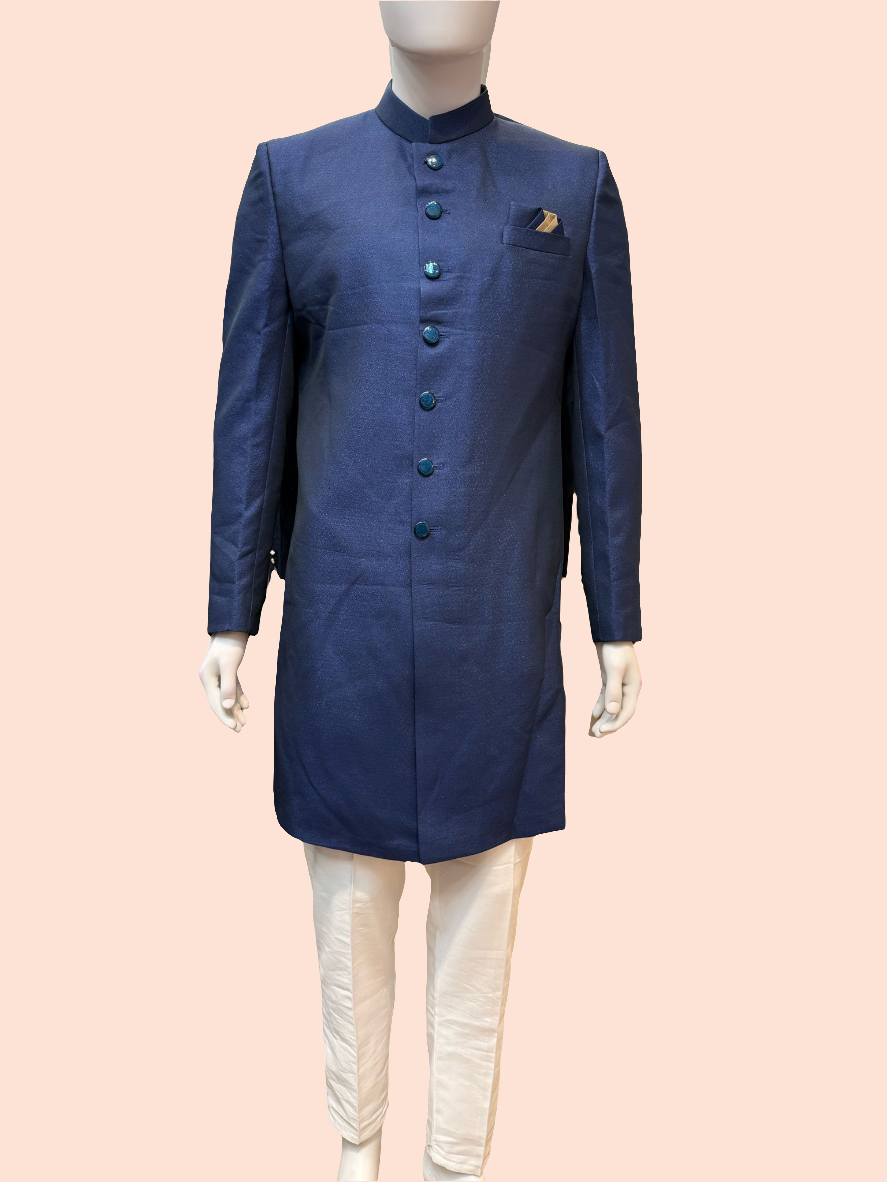 Delightful Blue Color With Pocket Design Sherwani With Poly cotton Pajama For Men