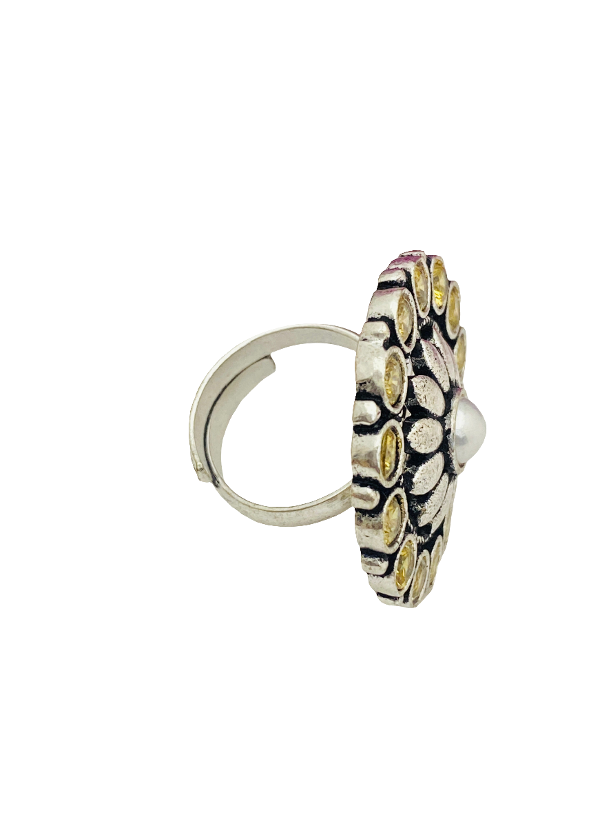 Attractive Yellow Stone Beaded Floral Designed Oxidized Pearl Finger ring
