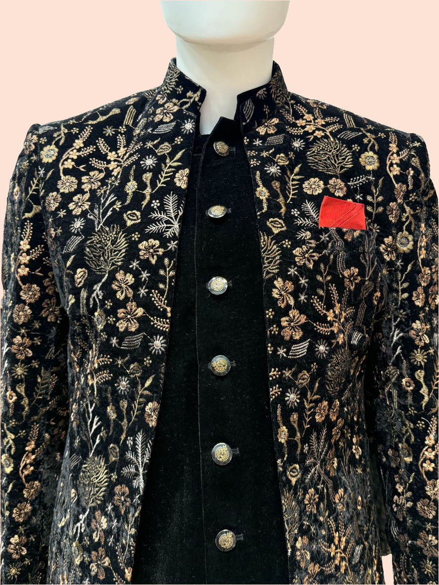 Delightful Black Color Velvet With Beautiful Embroidery Sherwani With Velvet Pajama For Men