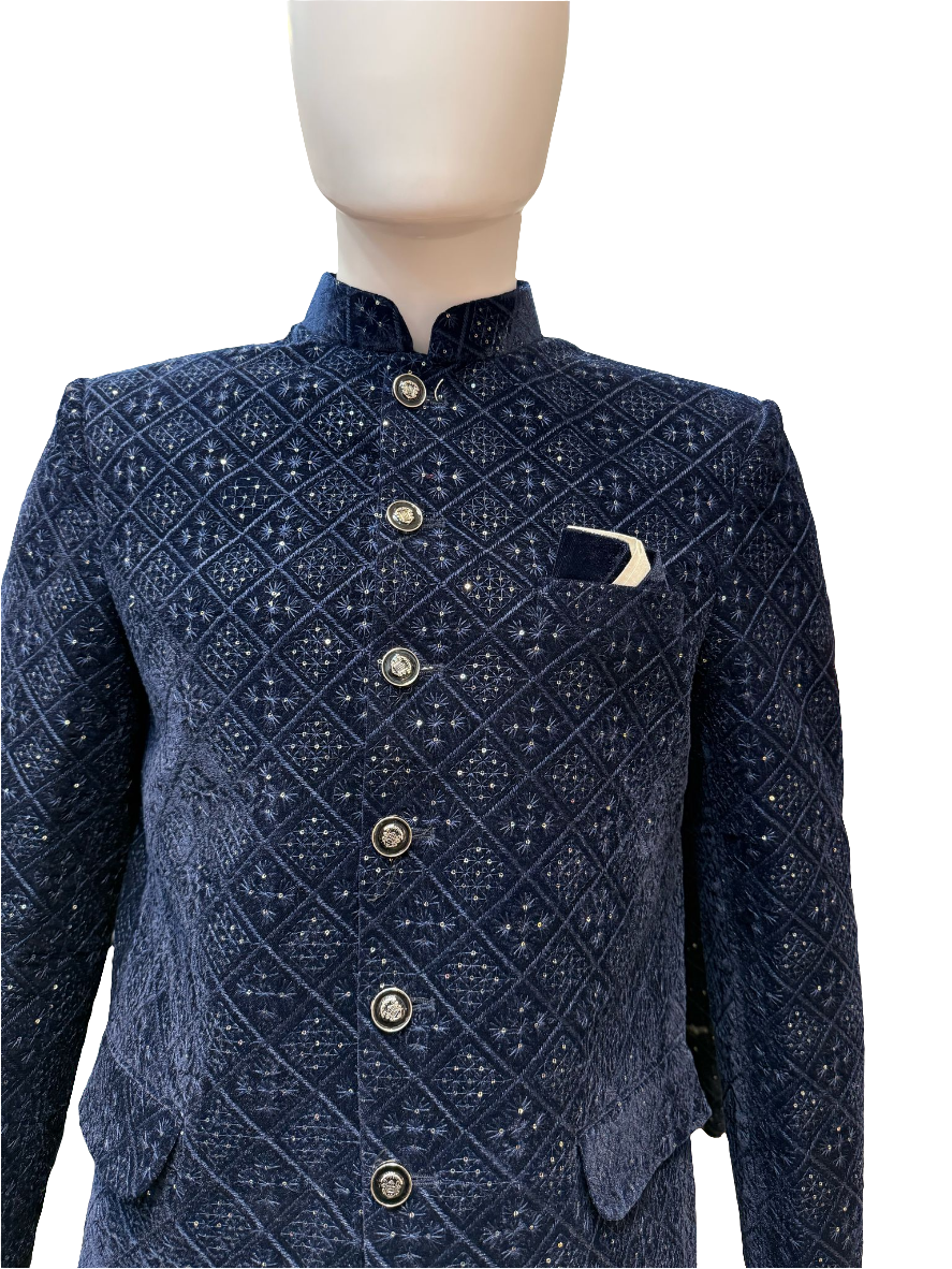Stunning Blue Color Velvet With Beautiful Embroidery Pocket Design Sherwani With Poly cotton Pajama For Men