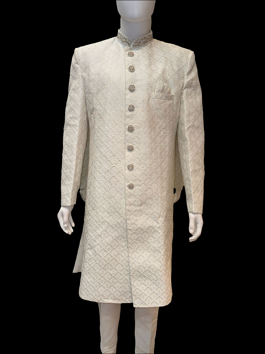 Delightful Silver Color Embroidery Work Sherwani With Poly cotton Pajama For Men