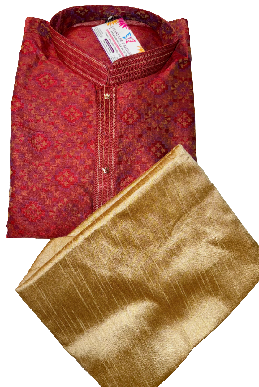 Beautiful Red Colored Jacquard Men's Kurta With Floral Printed Work