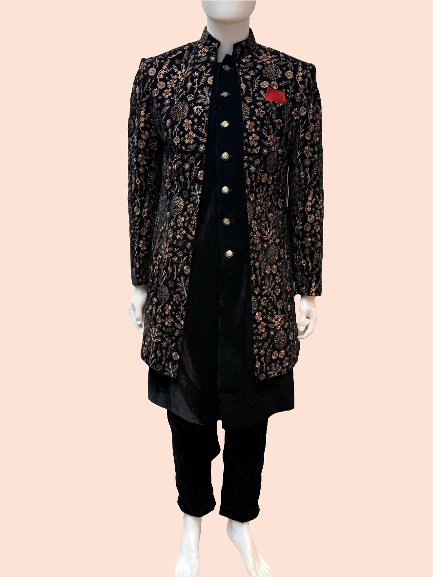 Delightful Black Color Velvet With Beautiful Embroidery Sherwani With Velvet Pajama For Men
