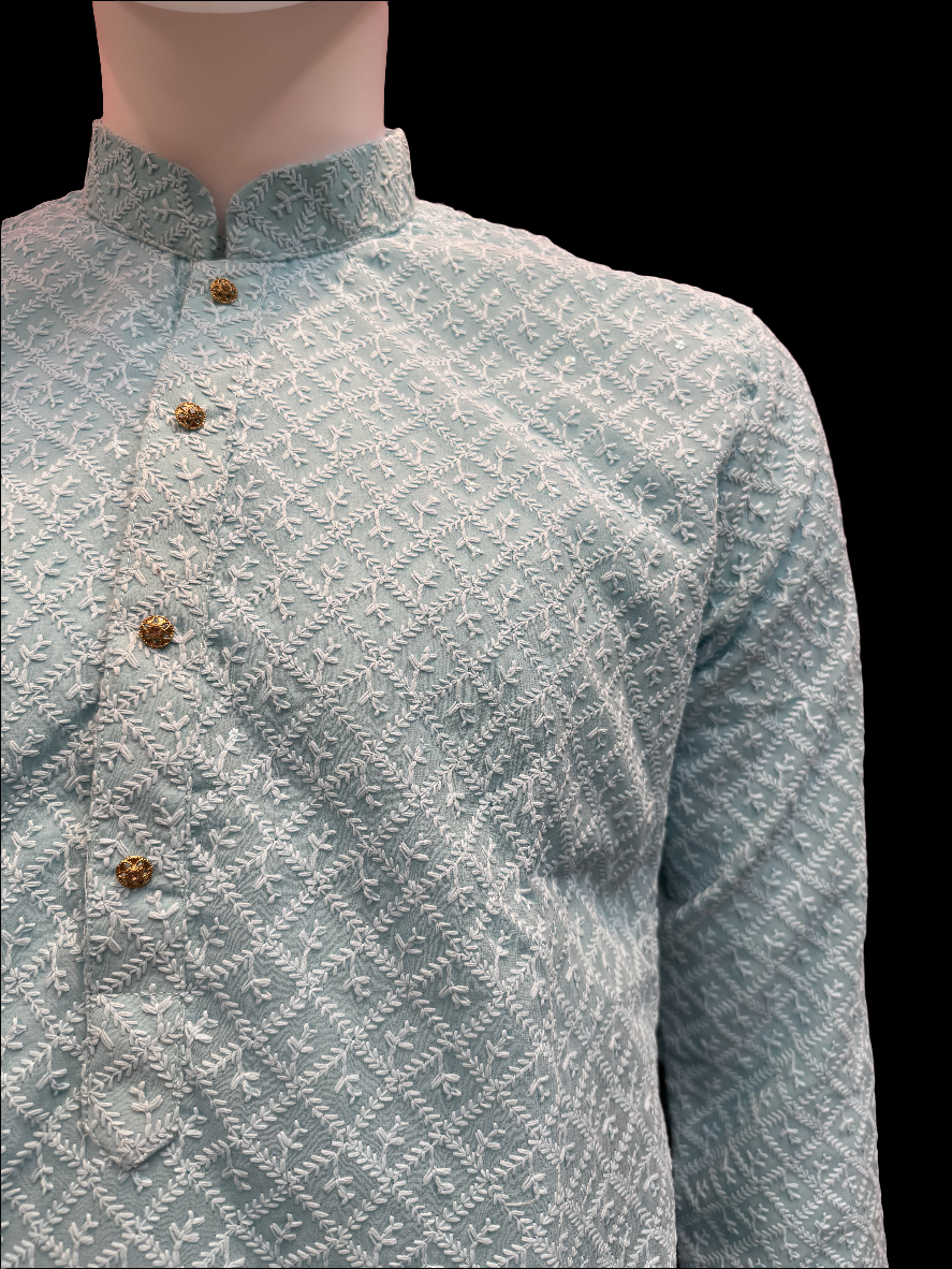 Appealing sky blue Color jacquard chikankari Kurta Set For Men