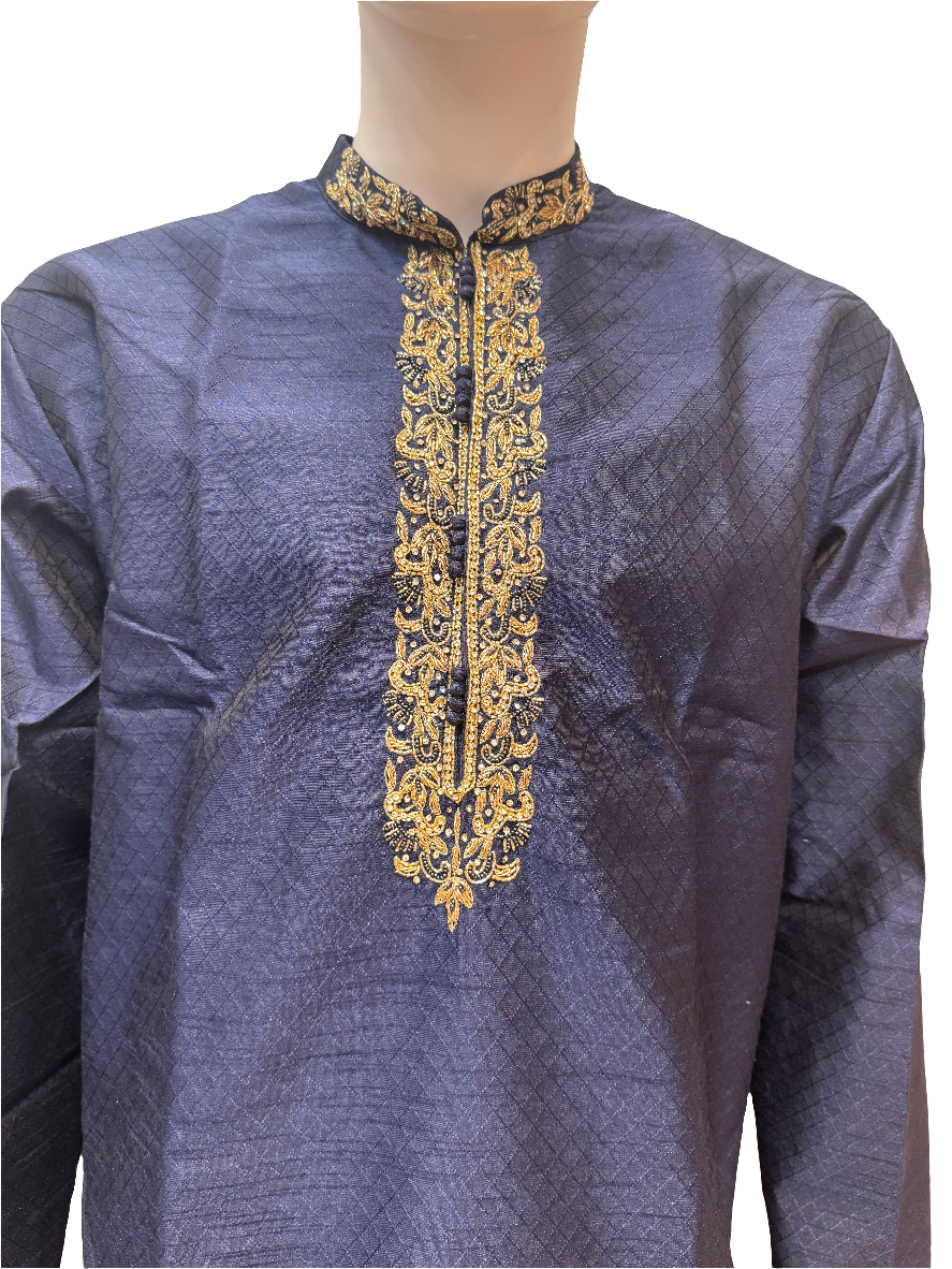 Stunning Blue Color Brocade Kurta With Handcrafted Zardozi Embroidery Work And Pajama Pant For Men