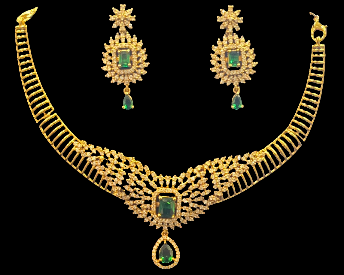 Green Color Emerald Stones Gold Plated Necklace With Earrings Set Near Me