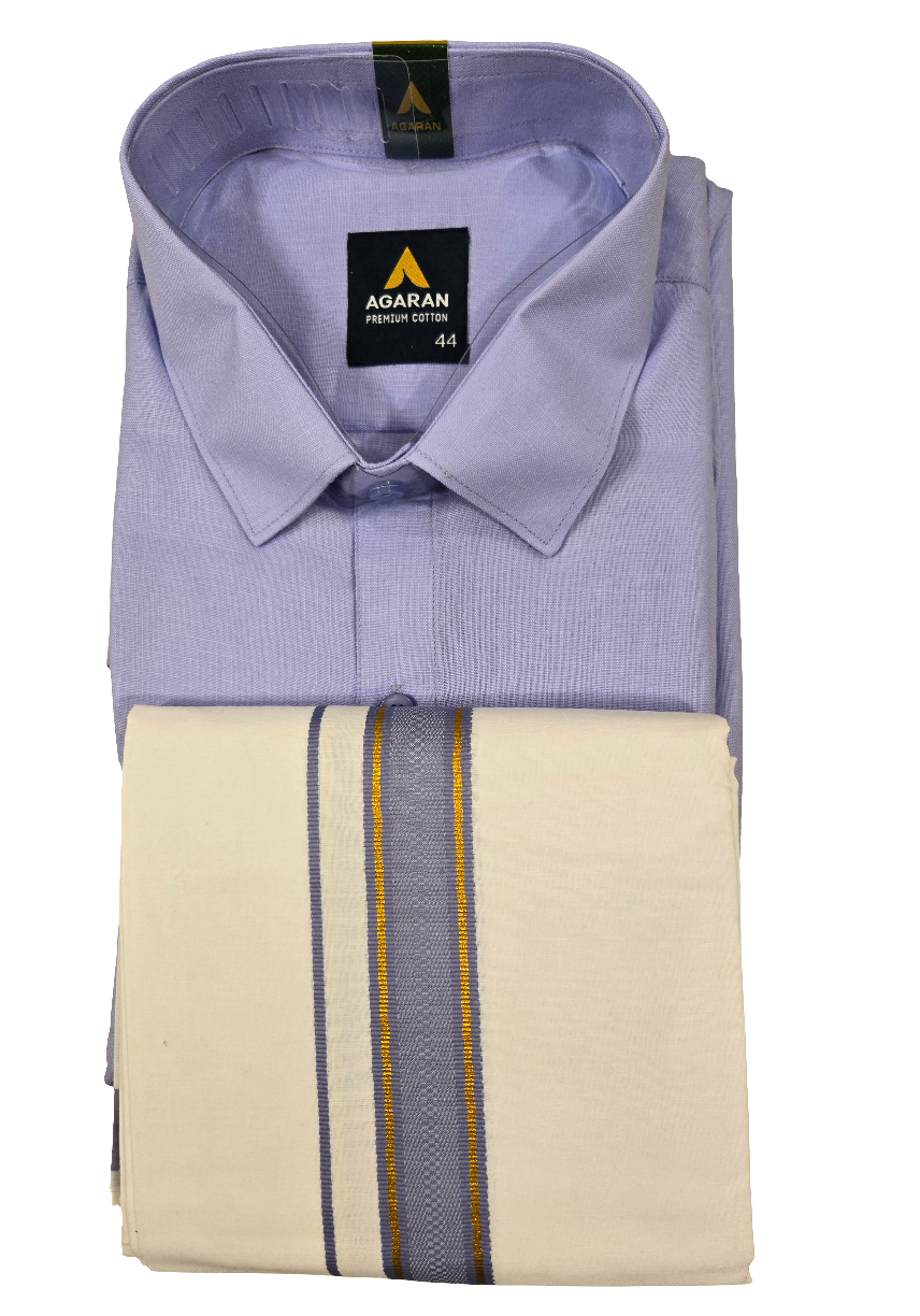 Beautiful Lavender Color Cotton Shirt With Full Sleeves And Matching Border Dhoti Set