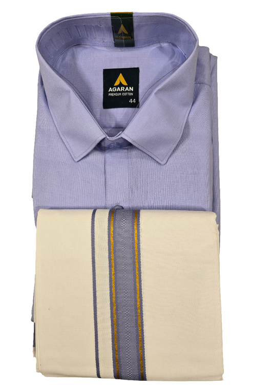 Beautiful Lavender Color Cotton Shirt With Full Sleeves And Matching Border Dhoti Set