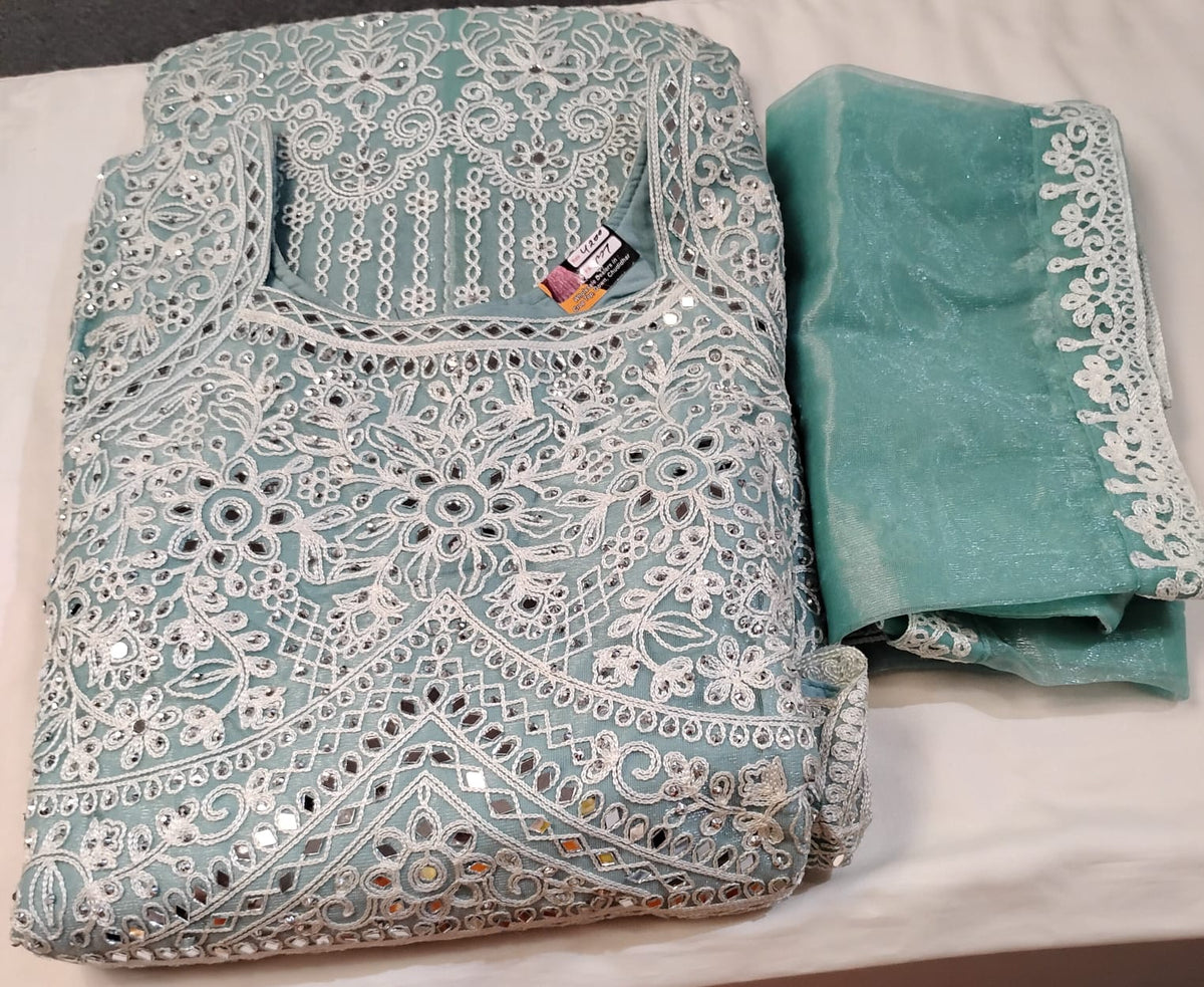 Wonderful Light Blue Color Georgette With Embroidery And Mirro Work Anarkali Gown For Women