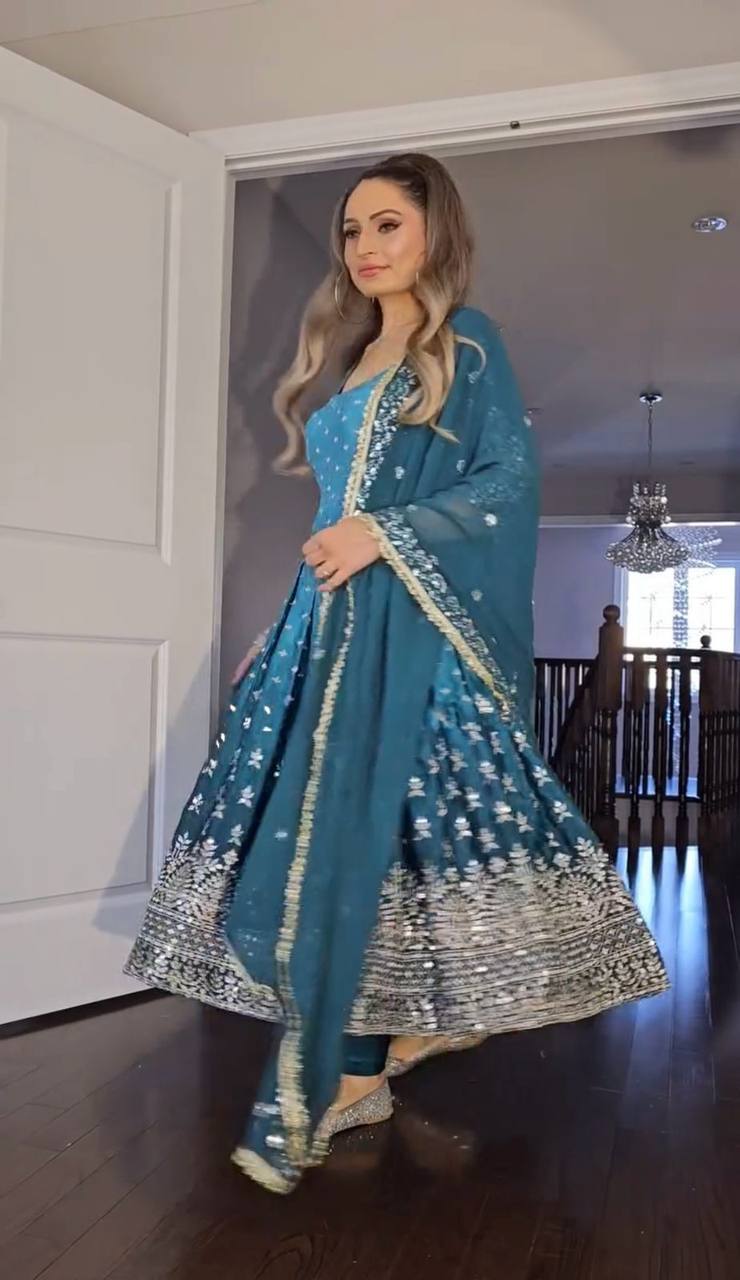 Pretty Teal Blue Heavy Pur Chinon Silk Kurti Suit With Embroidery Work Near Me
