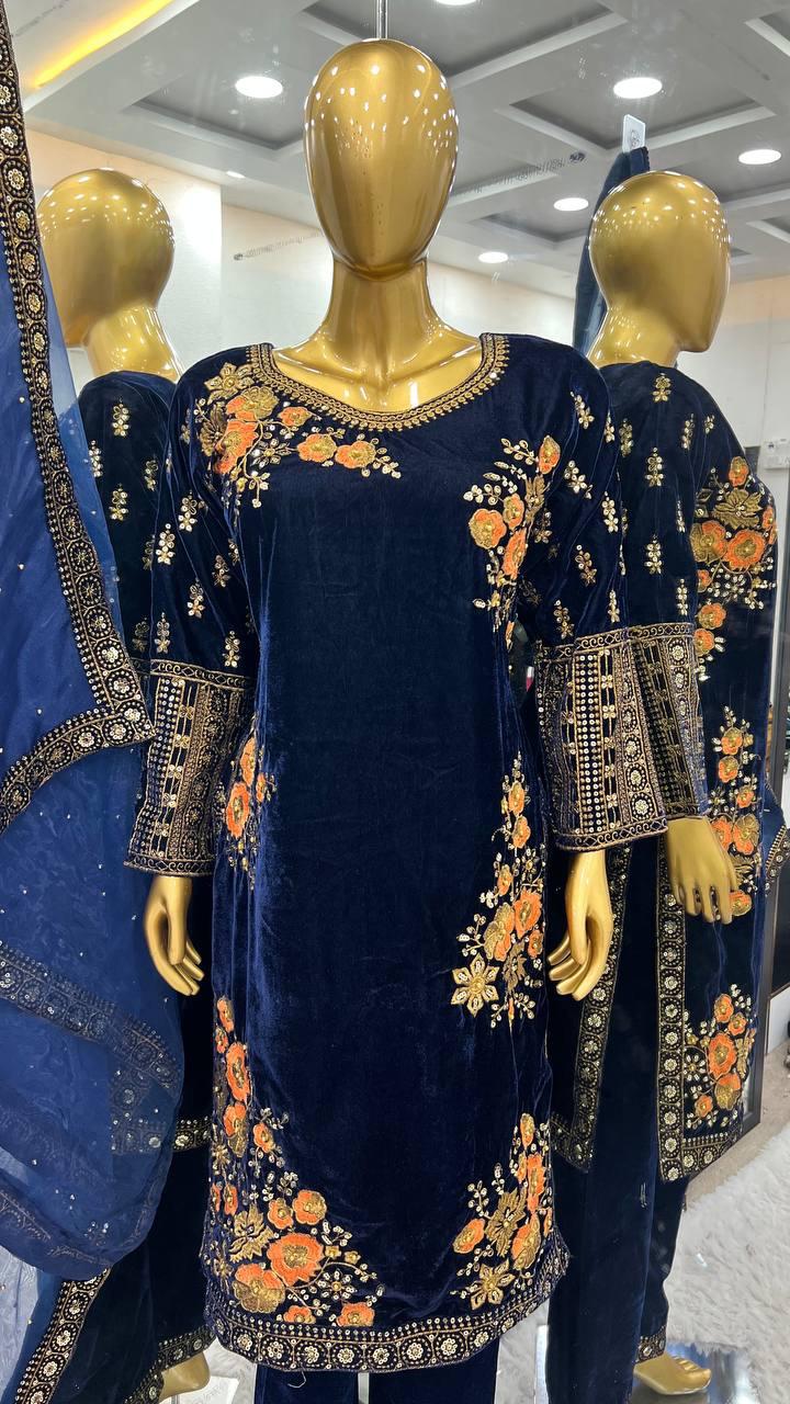 Dark Blue Color Sequins Work Palazzo Suits In Mesa