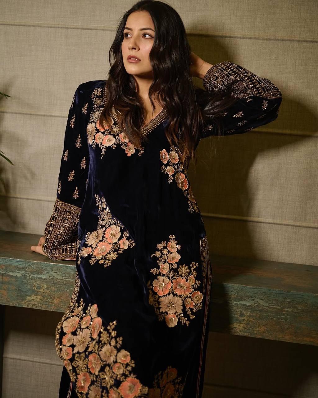 Dark Blue Color Viscose Embroidery And Sequins Work Palazzo Suits In USA