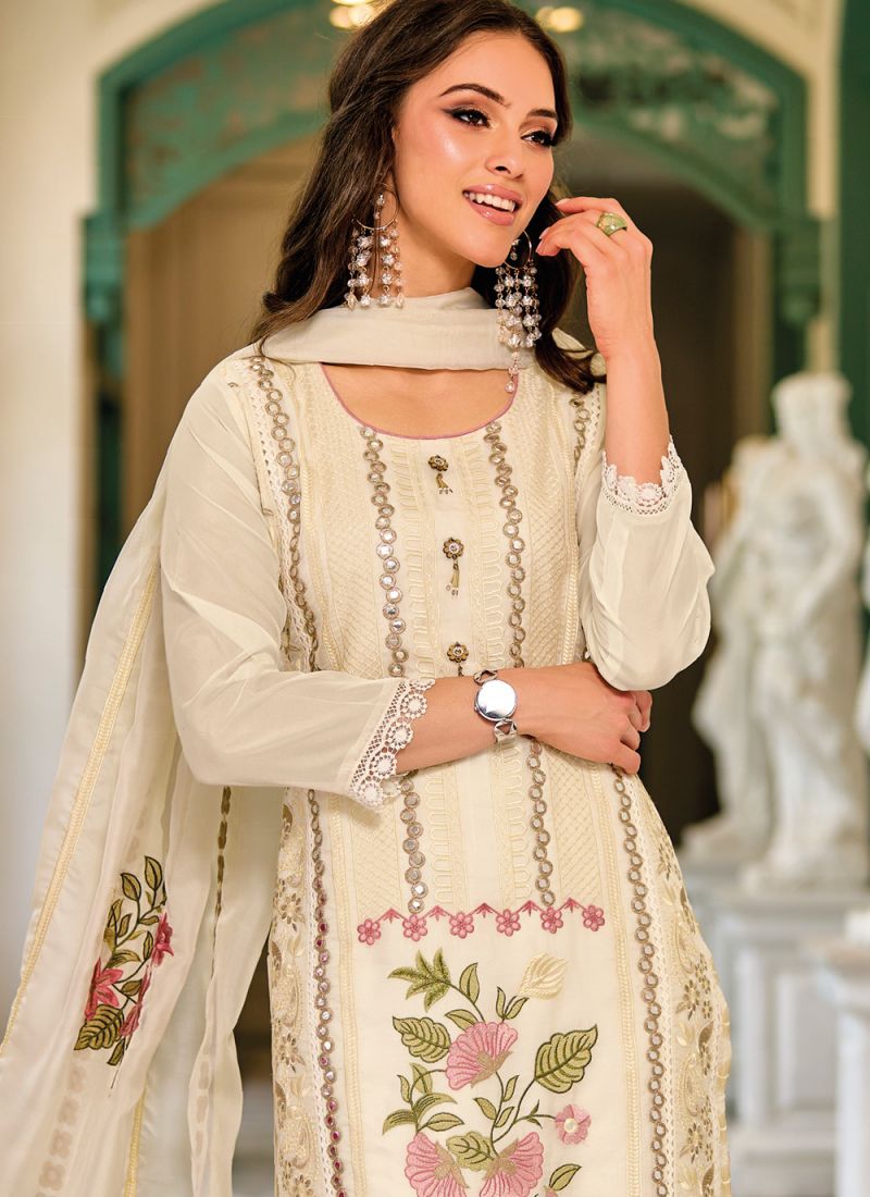 Off White Festive Wear Kurti Suit With Dupatta In Happy Jack