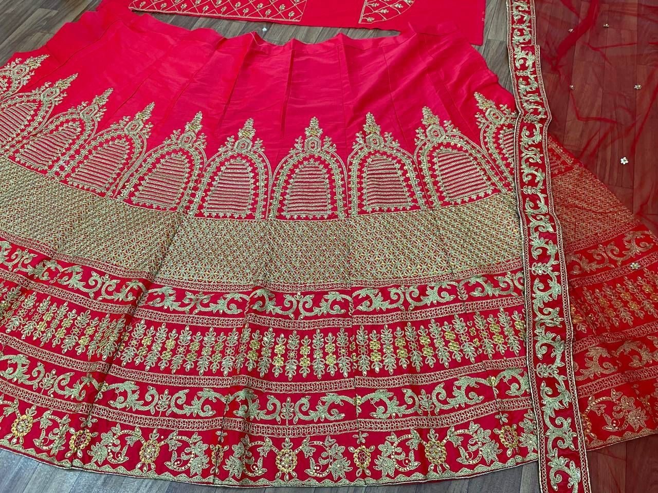 Dazzling Red Color Zari Sequins Embroidery Work Satin Silk Lehenga Choli For Women In USA