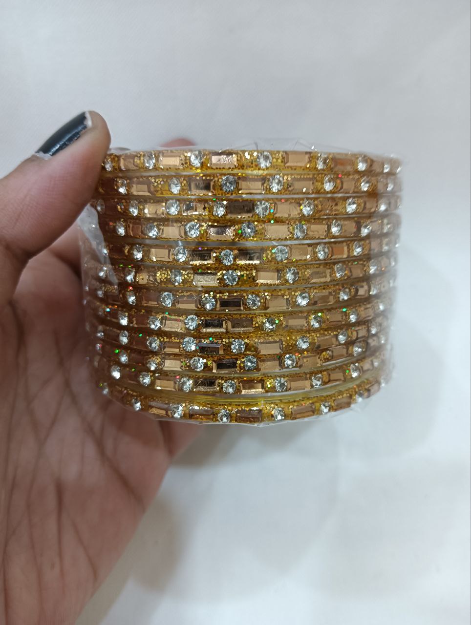Lovely Gold Color Glass Bangles with Gleaming Stones For Women