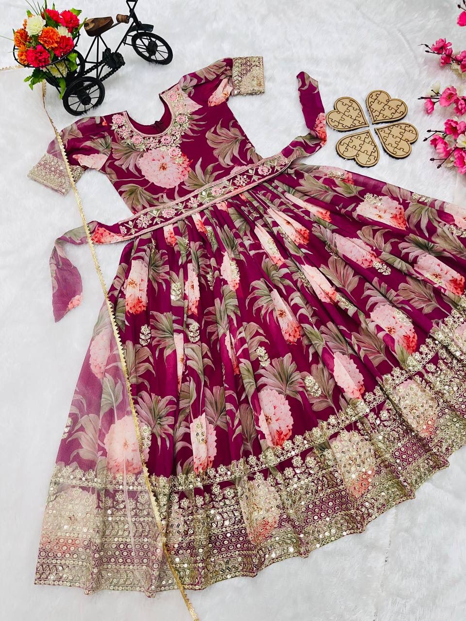 Wine Colored Heavy Fox Georgette Embroidered Sequins Work Gown For Girls Near Me