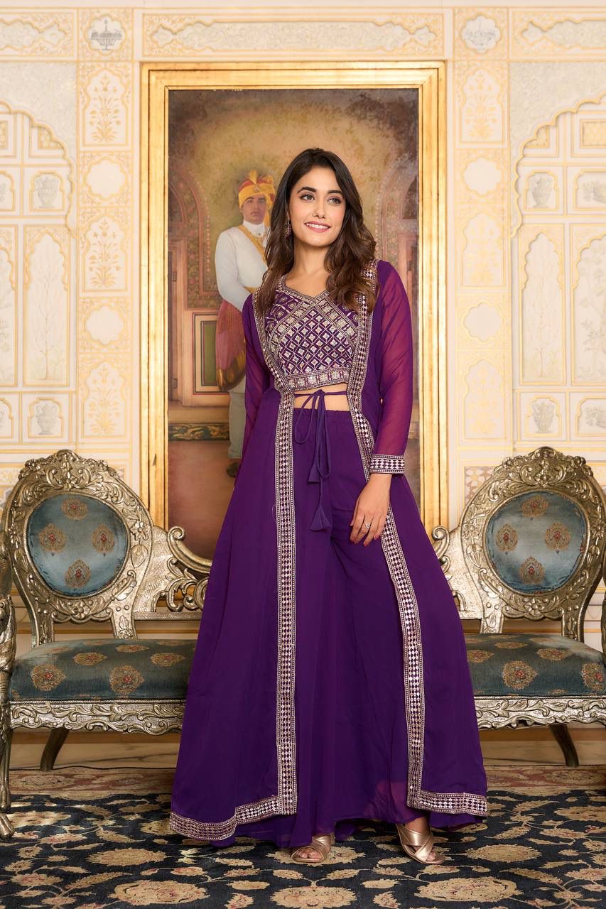 Dazzling Violet Color Heavy Georgette Embroidery Lace Kurti With Indo Western Palazzo Suits For Women