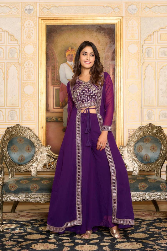 Dazzling Violet Color Heavy Georgette Embroidery Lace Kurti With Indo Western Palazzo Suits For Women