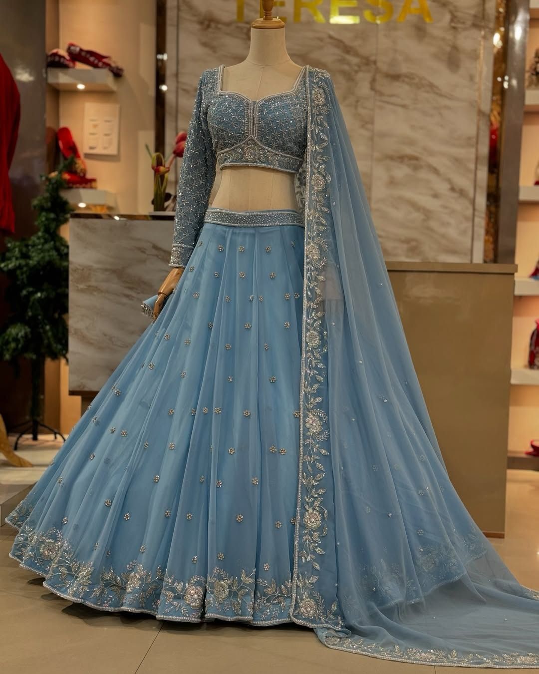 Charming light Blue Color Faux Georgette Sequins Lehenga Choli For Women