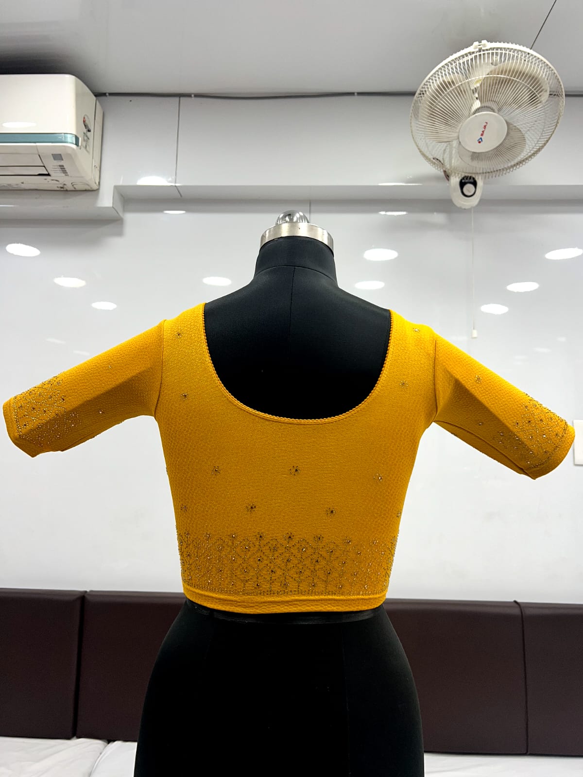 Appealing Yellow Color Cotton Lycra Ready To Wear Strachable Blouse With Siroski Work Near Me