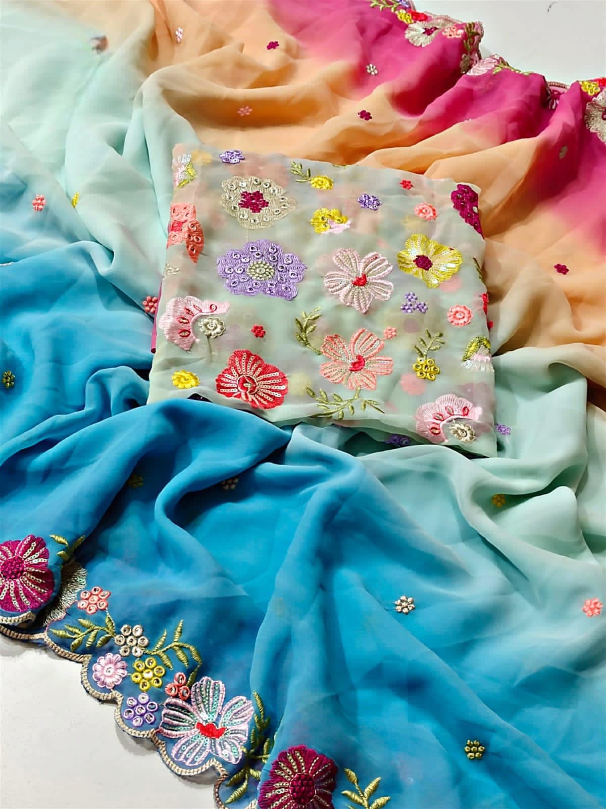 Stunning Multicolor Sequins And Embroidery Work Georgette Saree For Women Near Me