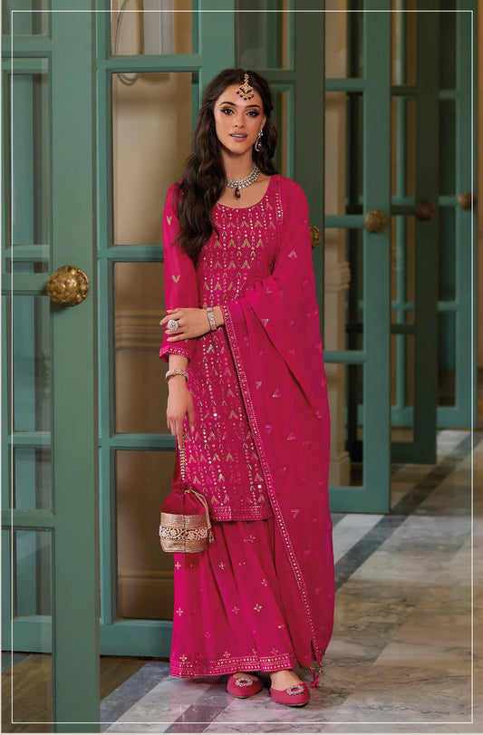Rani Pink Color Georgette Party Wear Embroidered Readymade Designer Palazzo Suits