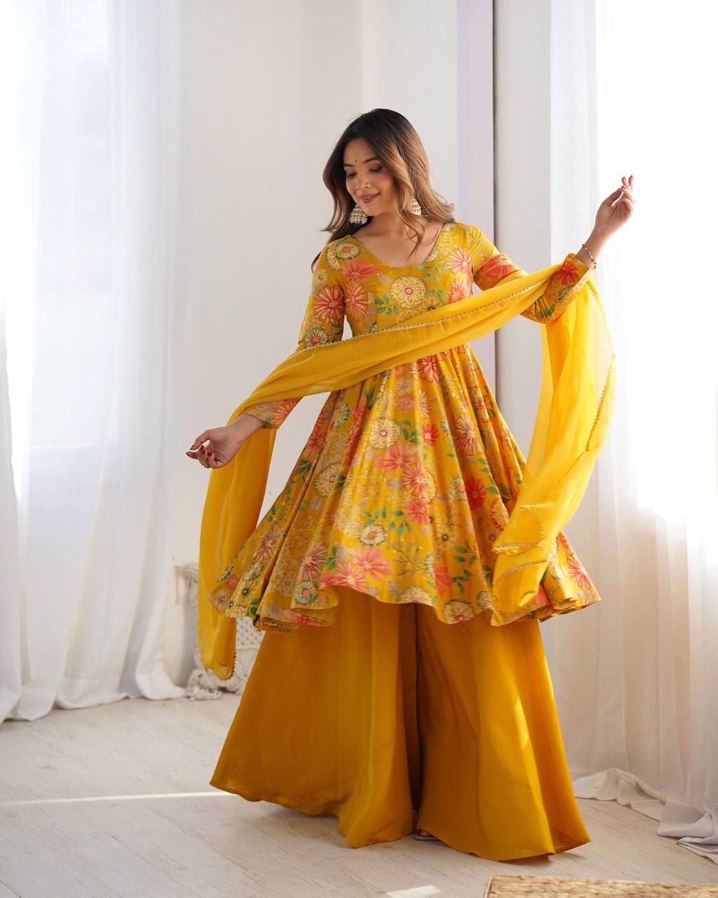 Charming Yellow Color Soft Roman Silk Kurti And Palazzo With Dupatta Set