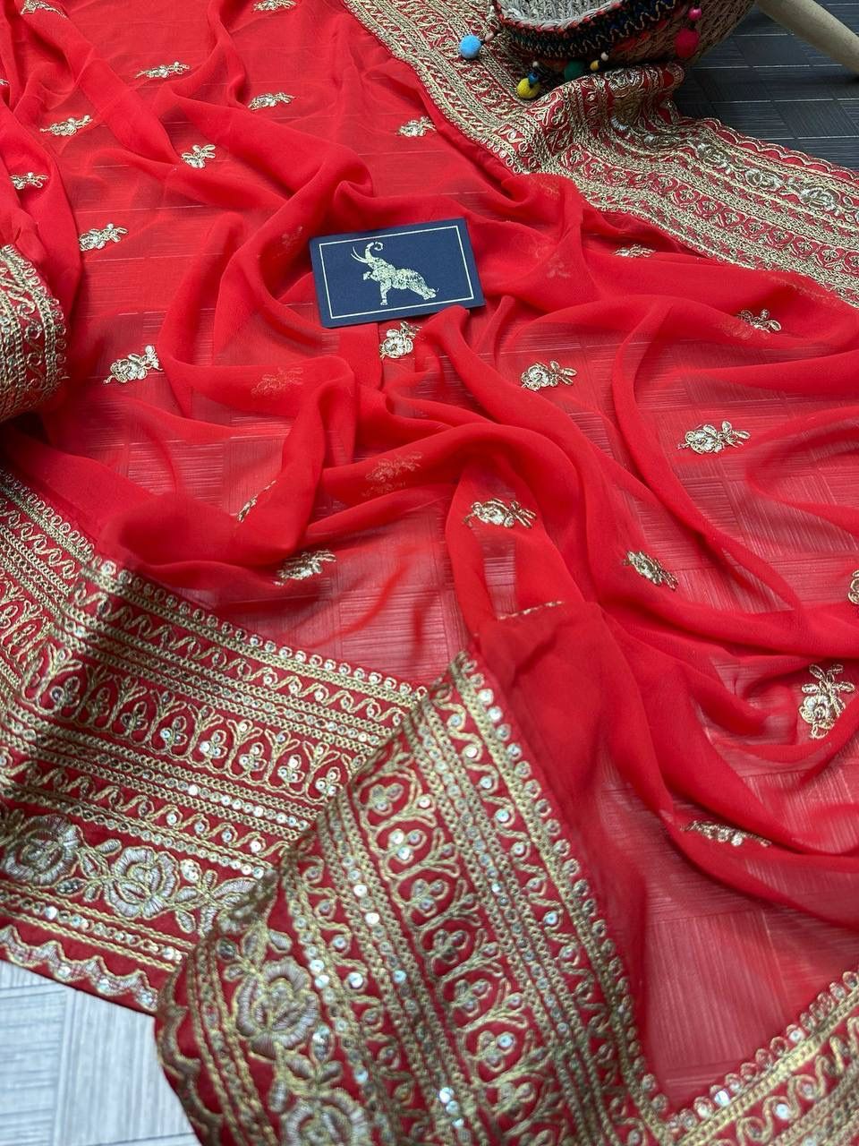 Attractive Red Color Designer Party Wear Georgette Embroidery Work Sequins Saree For Women In Casagrande