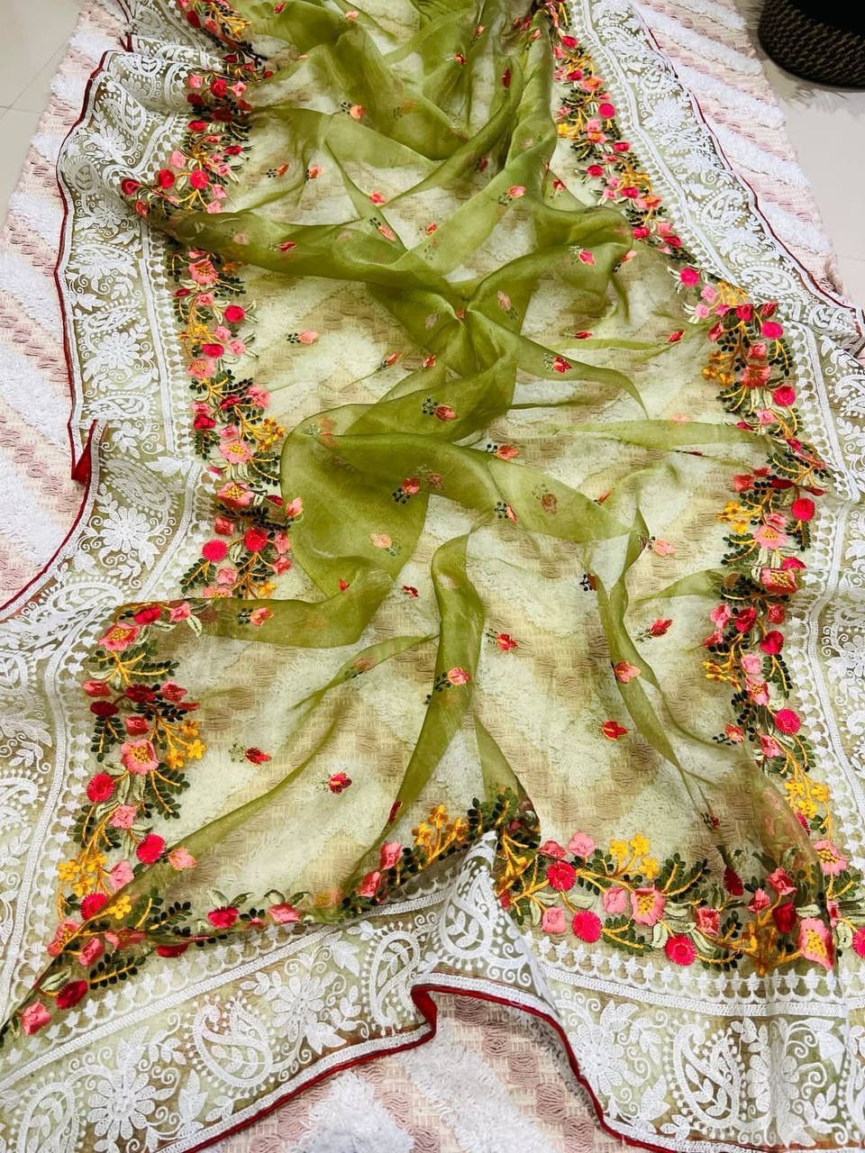 Elegant Designer And Chikankari Work With Green Viscose Border Sarees For Women