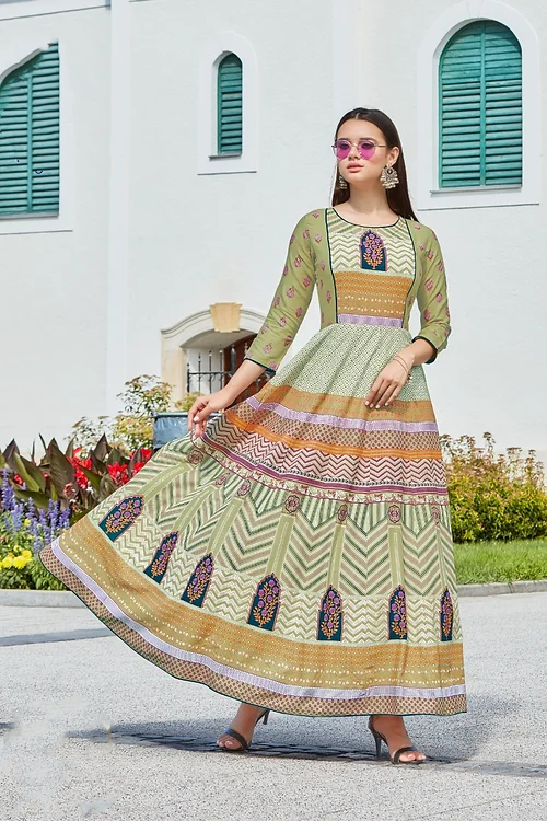 Charming Light Green Round Neck Printed Slub Rayon Long Dress