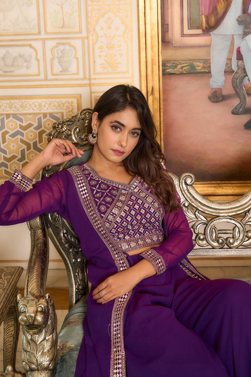 Violet Color Embroidery Lace Kurti With Palazzo Suits For Women In Glode