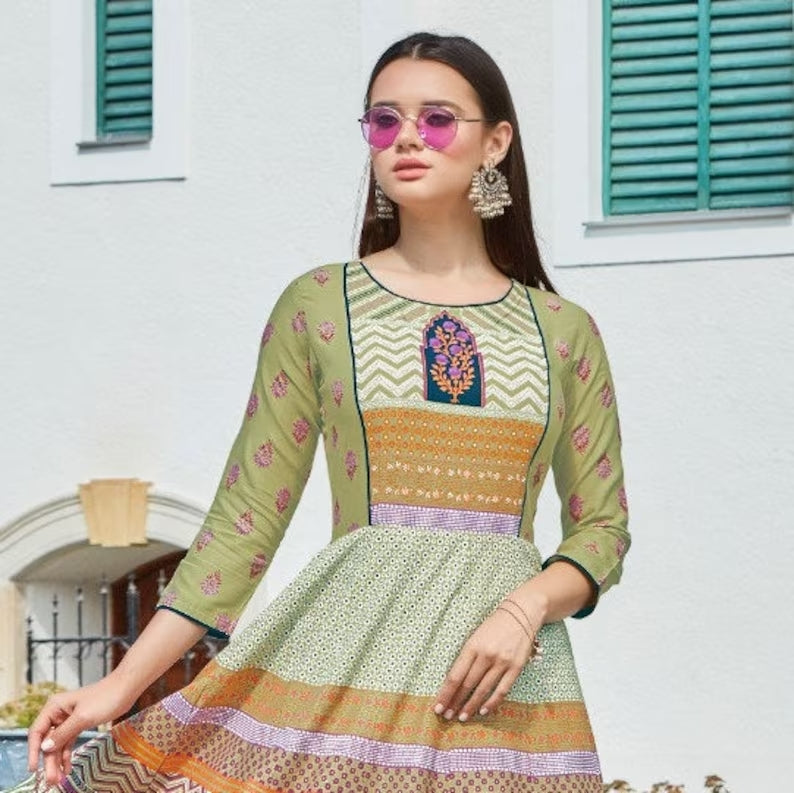 Charming Light Green Round Neck Printed Slub Rayon Long Dress Near Me