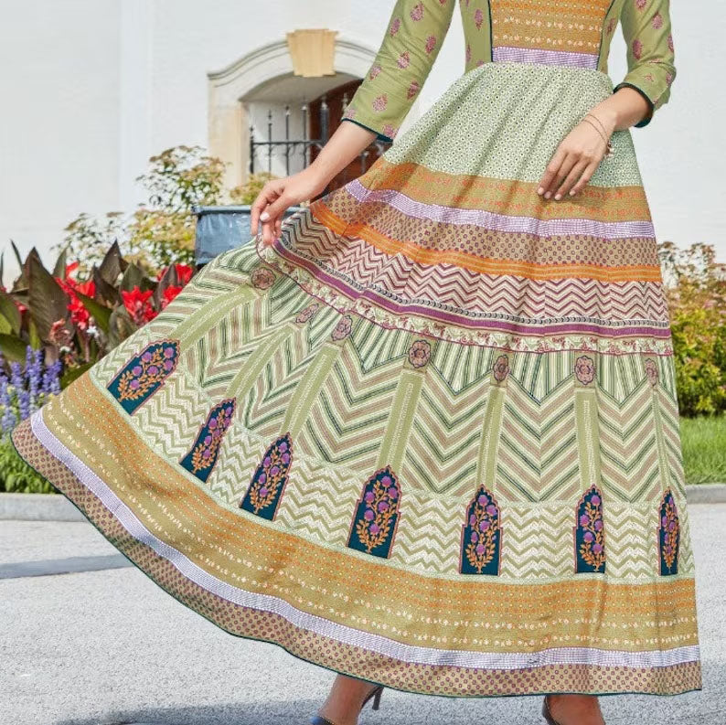 Light Green Round Neck Printed Slub Rayon Long Dress In USA