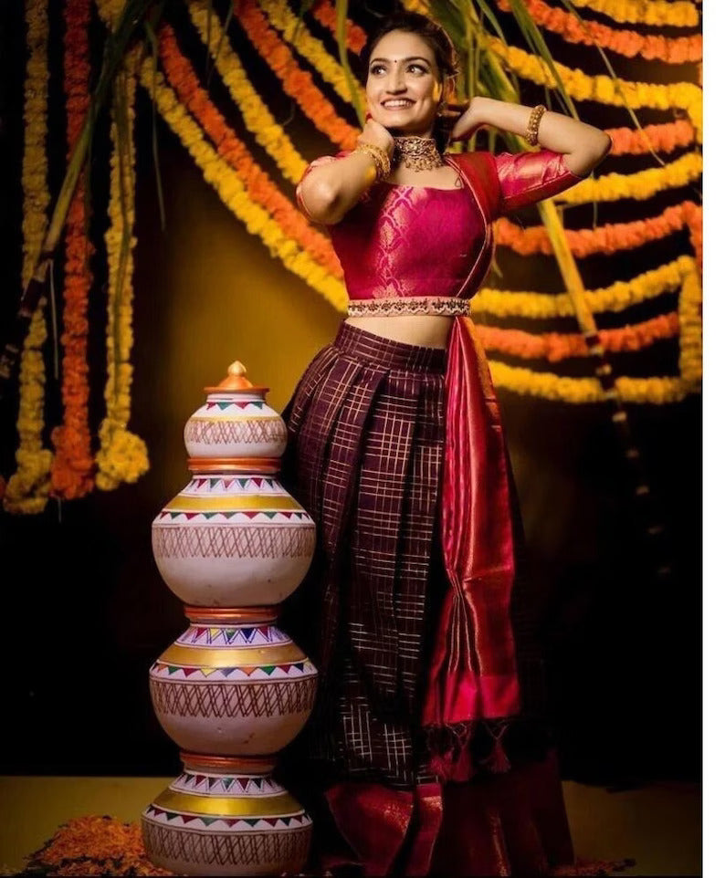 Alluring Purple Color Kanjeevaram Silk Half saree Lehenga Choli With Pattu Dupatta