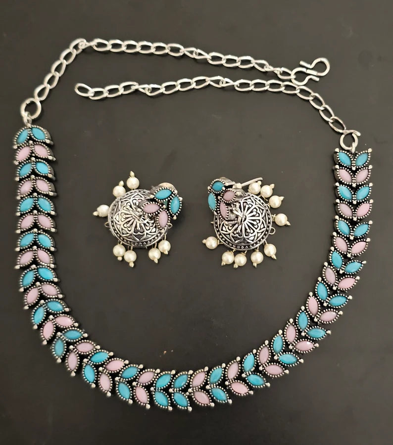 Muticolor Leaf Designed German Silver Plated Oxidized Choker Set in USA